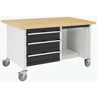 Bott Cubio Storage mobil műhelyasztal, 84 x 150 x 75 cm, 3 fiók, polcok, multiplex/linóleum
