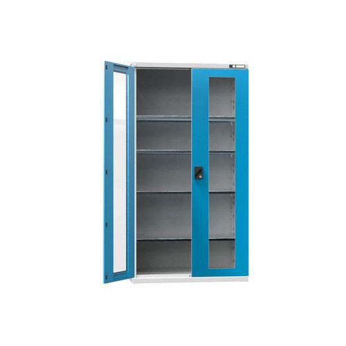 Fém műhelyszerszámszekrények SK1 üvegajtókkal, 1950 x 1044 x 625 mm, 4 polccal, szürke