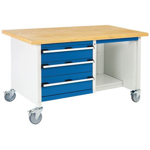 Bott Cubio Storage mobil műhelyasztal, 84 x 150 x 75 cm, 3 fiók, polcok, multiplex/linóleum