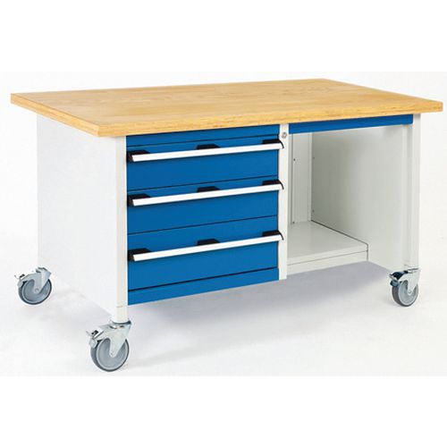 Bott Cubio Storage mobil műhelyasztal, 84 x 150 x 75 cm, 3 fiók, polcok, multiplex/linóleum