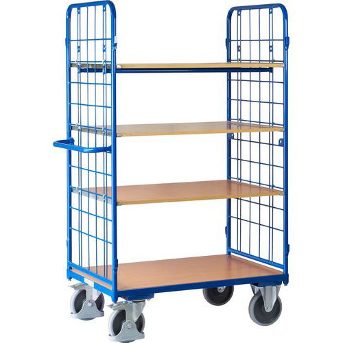 Magas polcos kocsik fogantyúval és hálós oldalakkal, 400 - 500 kg-ig, 4 polccal