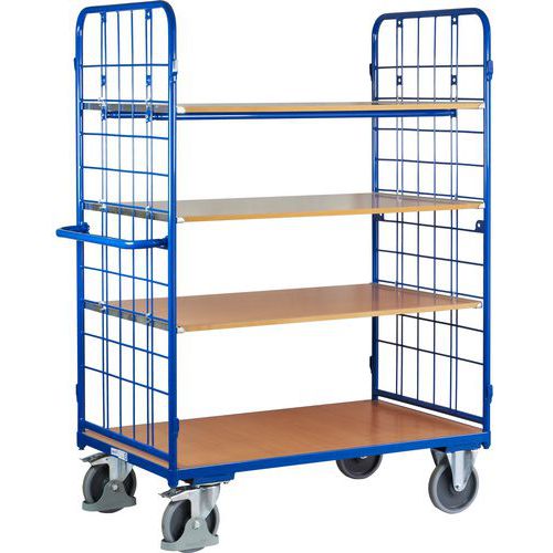 Magas polcos kocsik fogantyúval és hálós oldalakkal, 400 - 500 kg-ig, 4 polccal