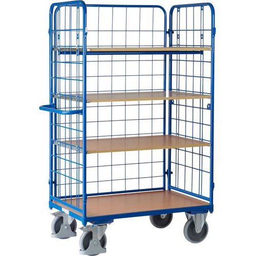 Magas polcos kocsik fogantyúval és hálós oldalakkal, 400 - 500 kg-ig, 4 polccal