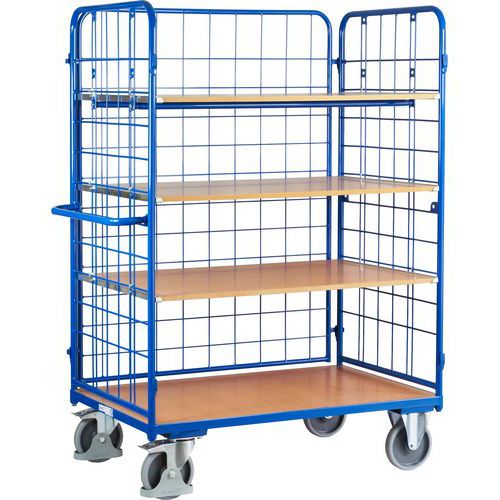 Magas polcos kocsik fogantyúval és hálós oldalakkal, 400 - 500 kg-ig, 4 polccal