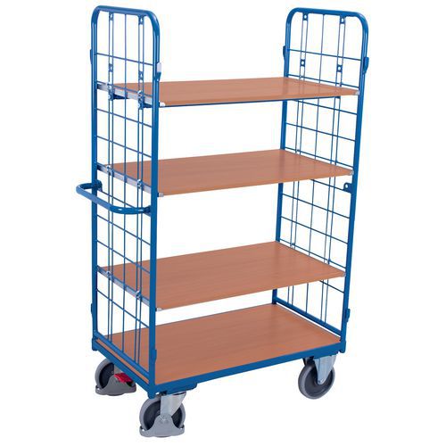 Magas polcos kocsik fogantyúval és hálós oldalakkal, 400 - 500 kg-ig, 4 polccal