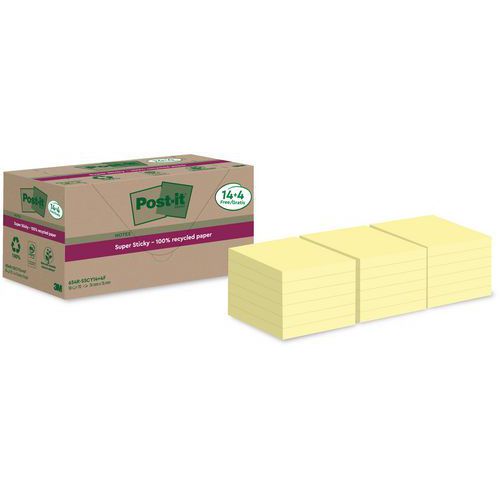 Szuper öntapadós Post-it® újrahasznosított öntapadós jegyzettömbök, sárga, 76×76 mm