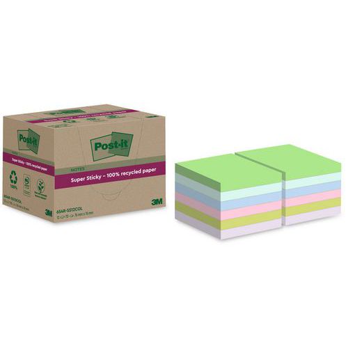 Szuper öntapadós Post-it® újrahasznosított öntapadós jegyzettömbök, vegyes színek, 76×76 mm, 12 blokk