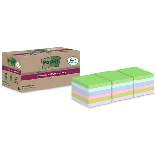 Szuper öntapadós Post-it® újrahasznosított öntapadós jegyzettömbök, vegyes színek, 76×76 mm, 18 blokk