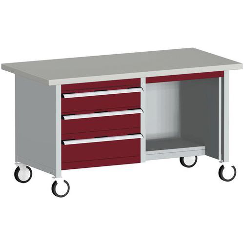 Bott Cubio Storage mobil műhelyasztal, 84 x 150 x 75 cm, 3 fiók, polcok, multiplex/linóleum