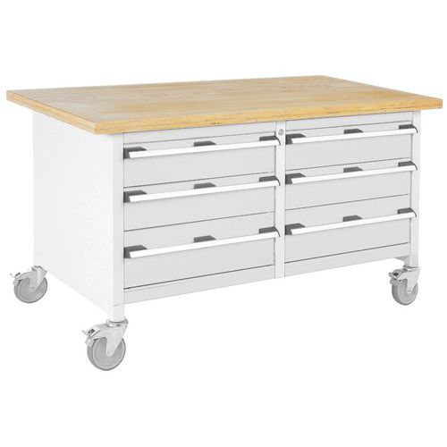 Bott Cubio Storage mobil műhelyasztal, 84 x 150 x 75 cm, 6 fiókos, multiplex/linóleum