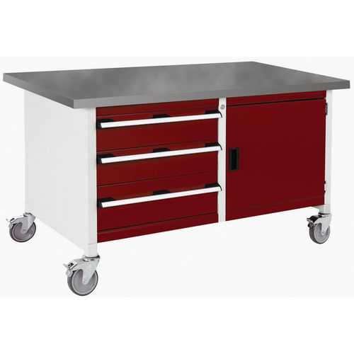 Bott Cubio Storage mobil műhelyasztal, 84 x 150 x 75 cm, 3 fiók, szekrény, multiplex/linóleum