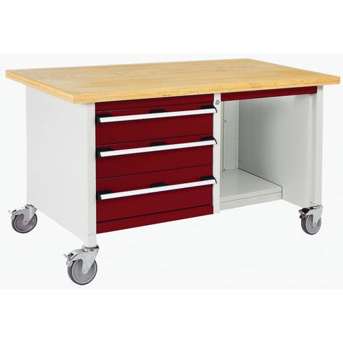 Bott Cubio Storage mobil műhelyasztal, 84 x 150 x 75 cm, 3 fiók, polcok, multiplex/linóleum
