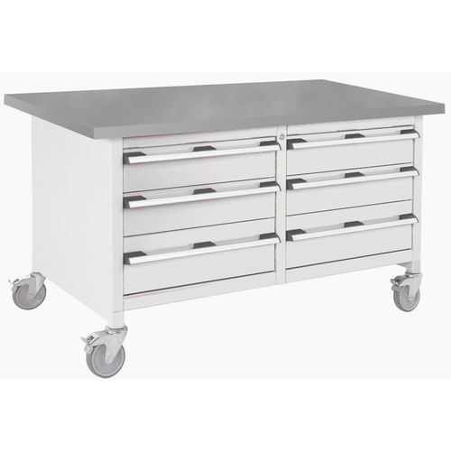 Bott Cubio Storage mobil műhelyasztal, 84 x 150 x 75 cm, 6 fiókos, multiplex/linóleum