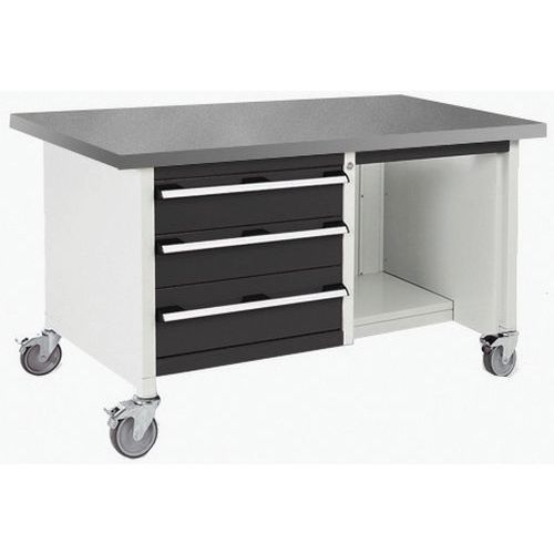 Bott Cubio Storage mobil műhelyasztal, 84 x 150 x 75 cm, 3 fiók, polcok, multiplex/linóleum