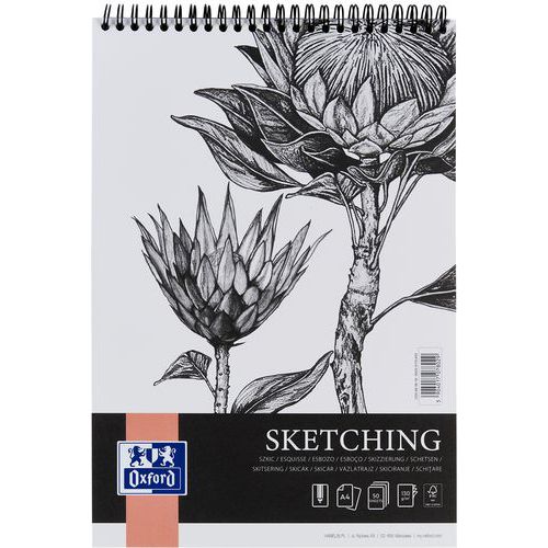 Oxford Sketching A4-es gyűrűskönyv, felső spirállal, 130 g/m²