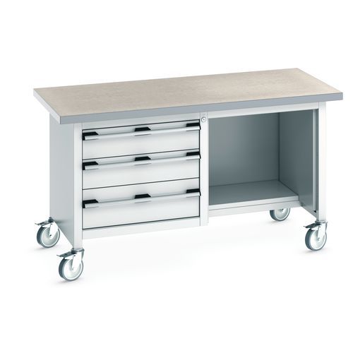 Bott Cubio Storage mobil műhelyasztal, 84 x 150 x 75 cm, 3 fiók, polcok, multiplex/linóleum