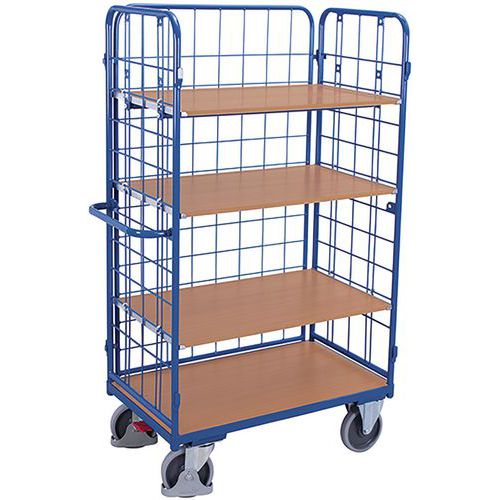 Magas polcos kocsik fogantyúval és hálós oldalakkal, 400 - 500 kg-ig, 4 polccal