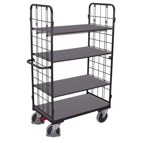 Magas polcos kocsik fogantyúval és hálós oldalakkal, 400 - 500 kg-ig, 4 polccal