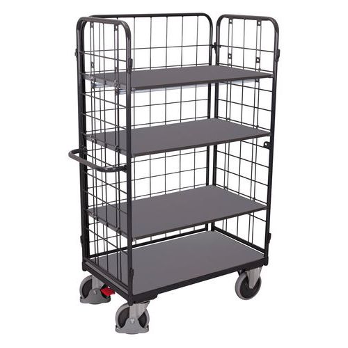 Magas polcos kocsik fogantyúval és hálós oldalakkal, 400 - 500 kg-ig, 4 polccal