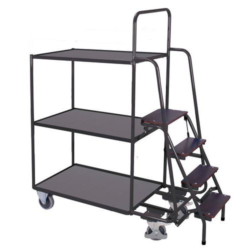 Magas polcos kocsik lépcsőkkel, 250 kg-ig, 3 polccal