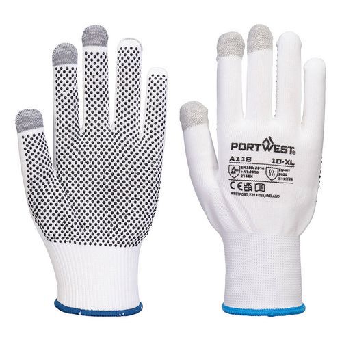 Grip 13 PVC pöttyös érintőképernyős kesztyű (12 pár), fehér/szürke
