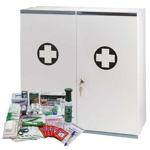 Nagy űrtartamú fém fali mentőláda, zárható, 53 x 53 x 19 cm, GYÁRTÁS felszereléssel